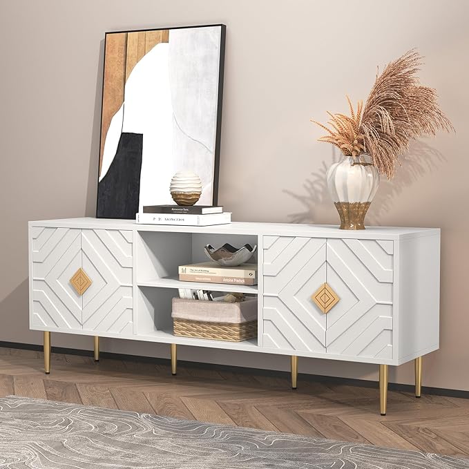 HLR 63'' White TV Stand for 65/70/75 inch TV, Entertainment Center with Storage Cabinets and Embossed Pattern Doors, Mid Century Modern Media TV Console Table for Living Room Bedroom