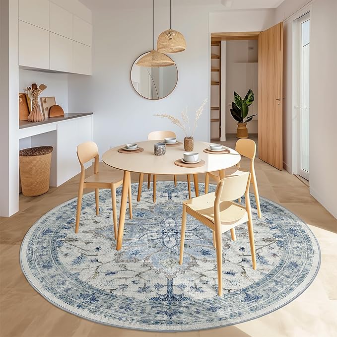 Area Rugs 5ft Washable Non-Slip, Floral Vintage Distress Print Pattern Medallion Carpet for Living Room Bedroom Dining Room, Light Blue Navy Beige Gray White