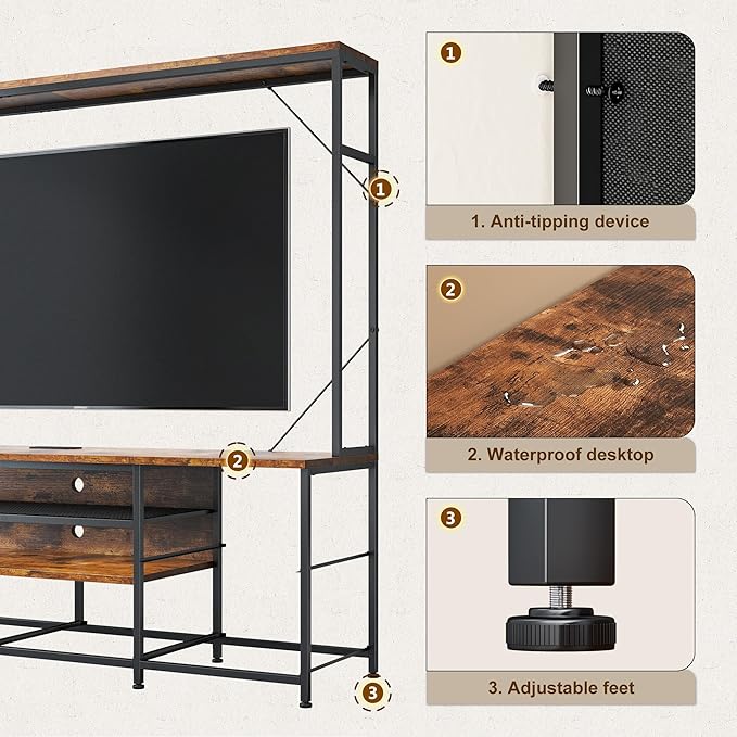 TV Stand for 55 60 inch TV, Large Wall Unit Entertainment Center with LED Lights & Power Outlets, TV Stands for Living Room, Closet, Entryway,13.8" D x 55" W x 61" H, Rustic Brown