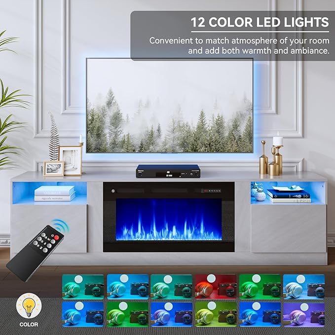 oneinmil 80” TV Stand with 36” Electric Fireplace, Large Modern Media Entertainment Center with Storage Cabinet and 12 Colors LED Lights for TVs Up to 90", Gray TV Stand and Black Fireplace