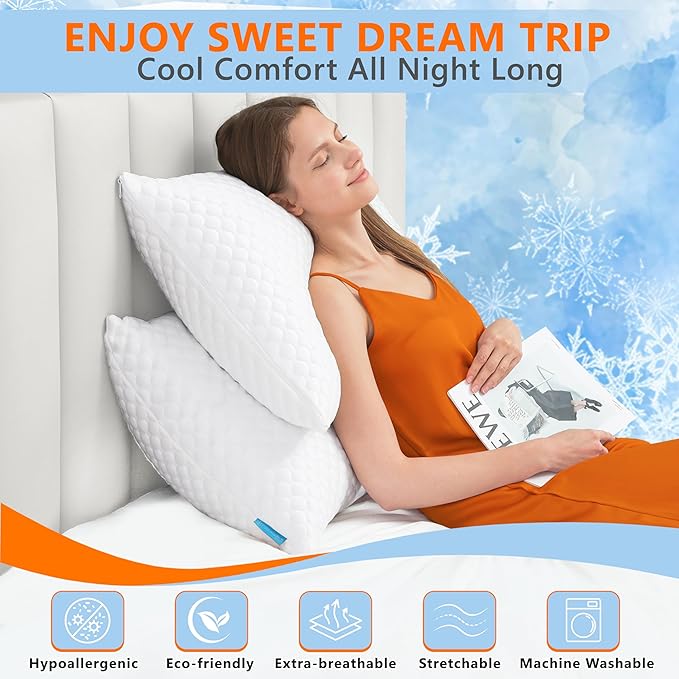 Cooling Pillows Standard Size Set of 2, Memory Foam Pillows with Zipper, Firm Bed Pillows Adjustable for Hot Side Back Stomach Sleepers