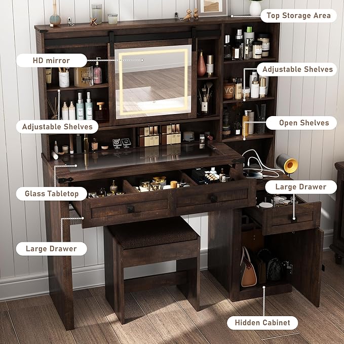 Farmhouse 47.2" Makeup Vanity Desk with Sliding Mirror and Lights, Vanity Set with Stool & Charging Station, 3 Colors Lights, Glass Desktop, Ample Storage, Brown
