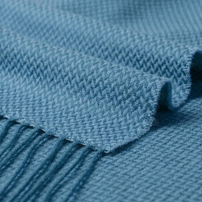 BOURINA Herringbone Two Tone Throw Blanket Faux Cashmere Fringe Soft Lightweight Cozy for Bed Couch Decorative Throws Blanket, Spa Blue, 50" x 60"