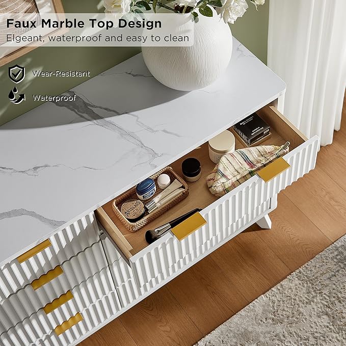 T4TREAM Fluted 8 Drawers Dresser, 54" Wide Modern Chest of Drawers with Faux Marble Top, Curved Profile Design, Dresser TV Stand, Wood Drawer Organizer for Bedroom, Living Room, Hallway, Solid White