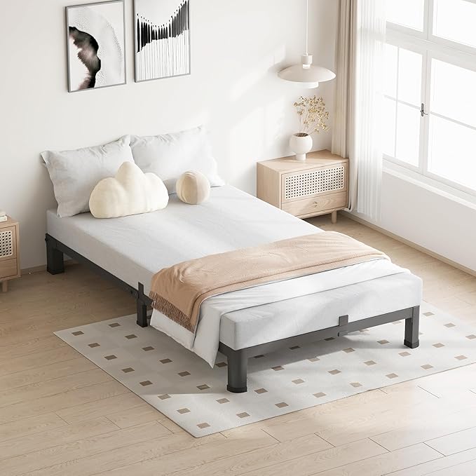4 Inch Twin Size Bed Frame, 3500Lbs Heavy Duty Metal Platform with Round Corner Legs Mattress Slide Stopper, Steel Slat Support No Box Spring Needed, Noise Free, Non-Slip, Easy Assembly