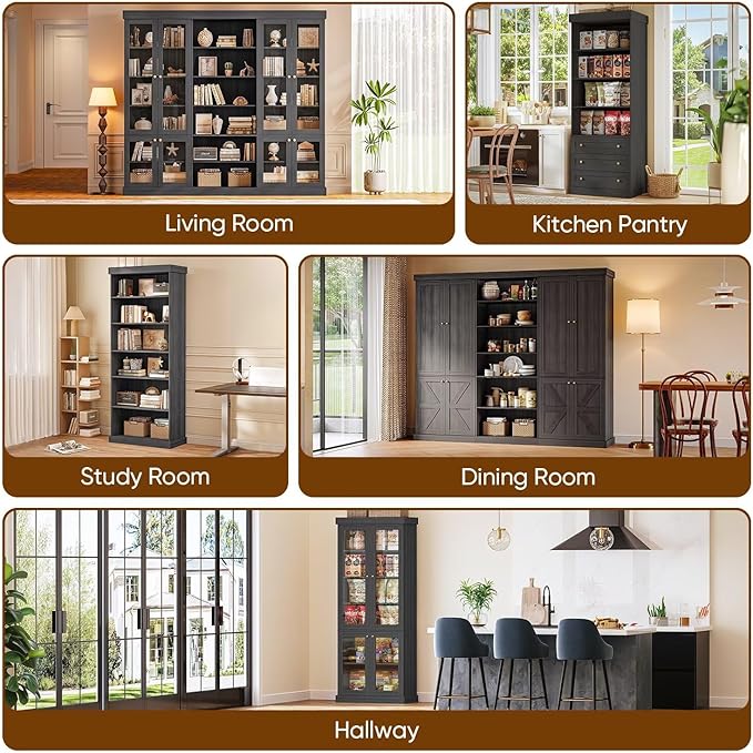 Vyre 70.8" Tall Bookshelf with Doors, Farmhouse Modular Bookcase with 4-Tier Adjustable Shelves, Large Storage Cabinet for Home Office, Living Room, Black