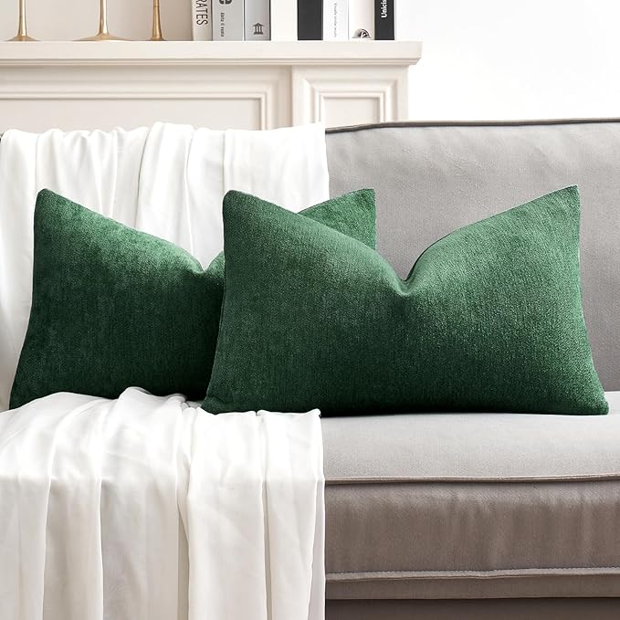 MIULEE Pack of 2 Dark Green Decorative Pillow Covers 12x20 Inch Soft Chenille Couch Throw Pillows Farmhouse Cushion Covers for Home Decor Sofa Bedroom Living Room