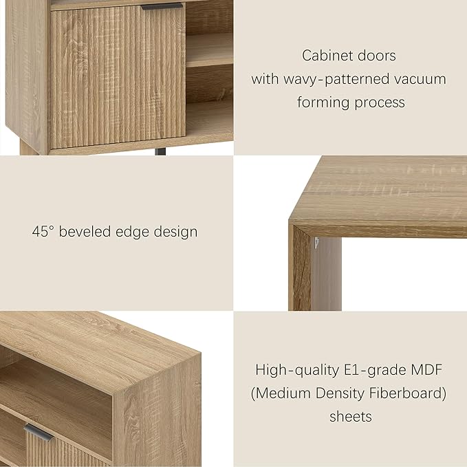 Fluted TV Stand for 70 inch，Entertainment Center with Storage Cabinets, Modern TV Console with Open Adjustable Shelves, TV Stand for Living Room Bedroom, Natural
