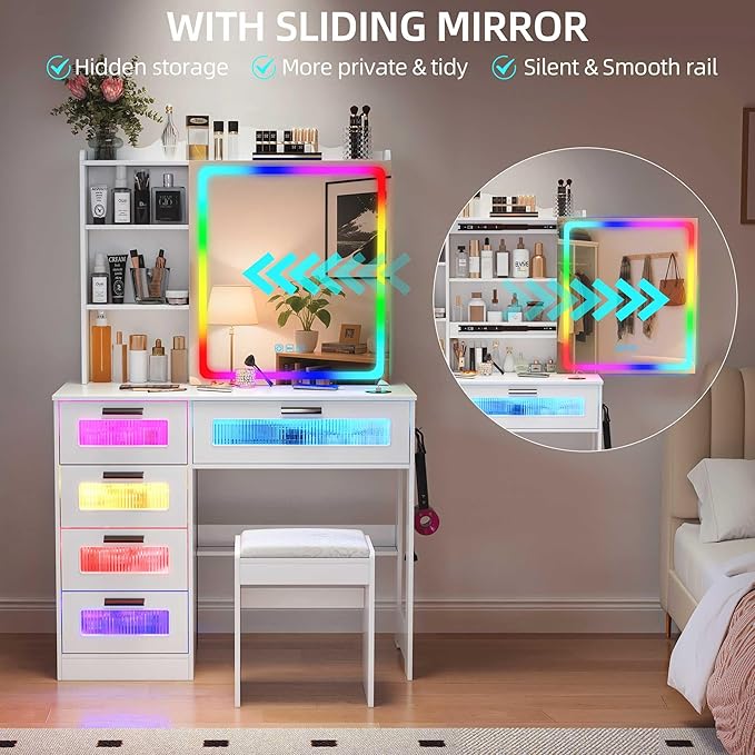 LED Vanity with Sliding Mirror, Smart Makeup Table with 5 Drawers 6 Shelves, Make Up Vanity Desk with Charging Station 14 Color Lighting Modes, Cushioned Stool, USB Type-C for Bedroom White