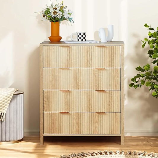 Fluted 4 Drawer Tall Dresser for Bedroom, Mid Century Modern Nightstand with Drawers, Tall Bedside Table for Closet Cloth, Living Room End Table with Storage for Dorm -Natural