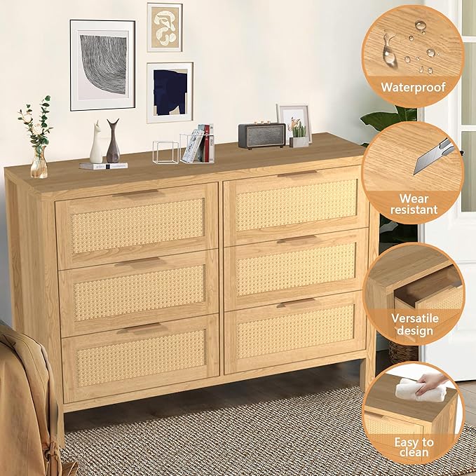 Wood 6 Dresser for Bedroom, Wide Rattan Drawer with Gold Handle for Bed Room, Hallway, Rustic Oak