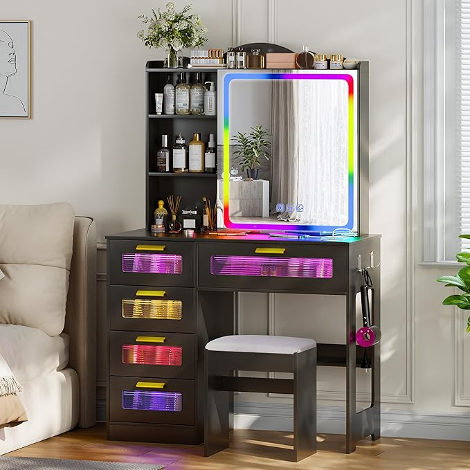 Vanity Desk with Sliding Vanity Mirror and RGB Lights,Makeup Vanity Desk with Charging Station,LED Vanity Table with Hidden Storage,Dressing Table Set with Stool&5 Drawers for Bedroom,Black