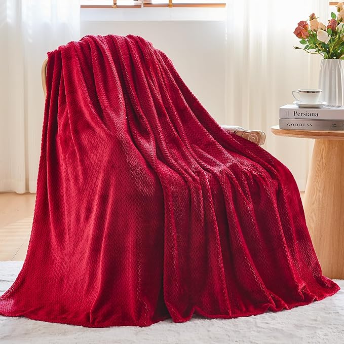 NEWCOSPLAY Super Soft Queen Blanket Red Premium Silky Flannel Fleece Leaves Pattern Lightweight Bed Blanket All Season Use (Red, Queen(90"x90"))