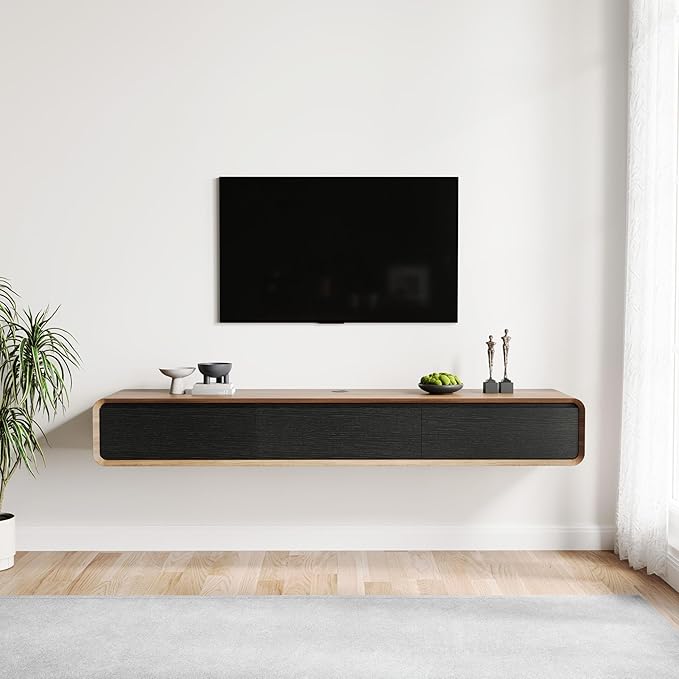 POVISON Fully-Assembled Minimalist Floating TV Stand, Modern Wall-Mounted Entertainment Center with 3 Flip-Down Cabinet Doors, Solid Wood Media Console, 70.87"