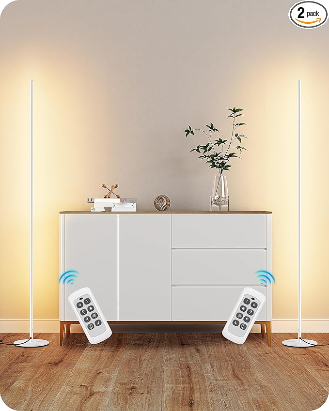 EDISHINE Minimalist LED Corner Floor Lamp with Remote, Set of 2 Modern Dimmable Mood Light, 57.5" Tall Floor Lamp for Bedroom, Living Room, 7 Color Temperature 2700-6000K, (White)