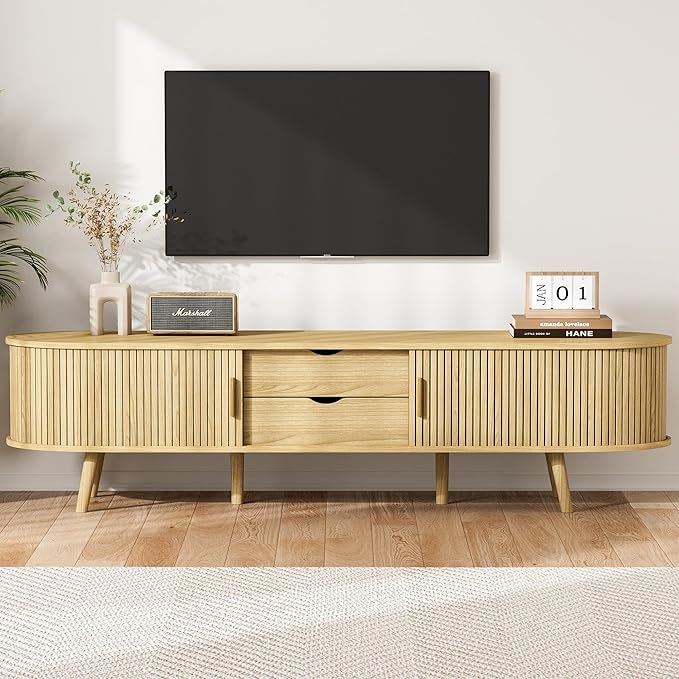 69" Fluted TV Stand, Mid Century Modern TV Stand Fits TVs Up to 75", Wood Entertainment Center for Living Room, Farmhouse TV and Media Console Table with Storage, Curved Edge and Sliding Door, Oak