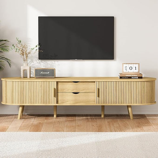 69" Fluted TV Stand, Mid Century Modern TV Stand Fits TVs Up to 75", Wood Entertainment Center for Living Room, Farmhouse TV and Media Console Table with Storage, Curved Edge and Sliding Door, Oak