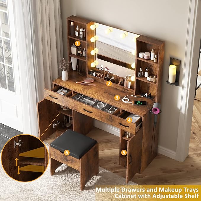 Vabches Makeup Vanity Desk with Lighted Mirror & Power Strip, Large Brown Vanity Table Set Rustic Farmhouse Style with Lots of Storage, 3 Lighting Modes, Brightness Adjustable, 45.2in (W)