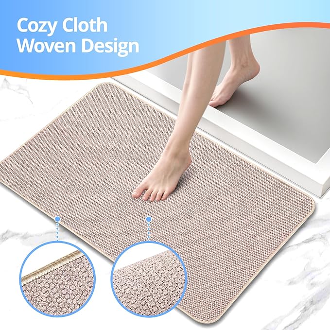 Upgraded Thin Bathroom Rugs, Bath Mat Super Absorbent, Bath Rugs Rubber Backing Non-Slip, Quick Dry Machine Washable, Cozy Cloth Bathroom Mat fit Under Door/Sink/ Bathtub/Shower/Kids 24''x36''-Biege