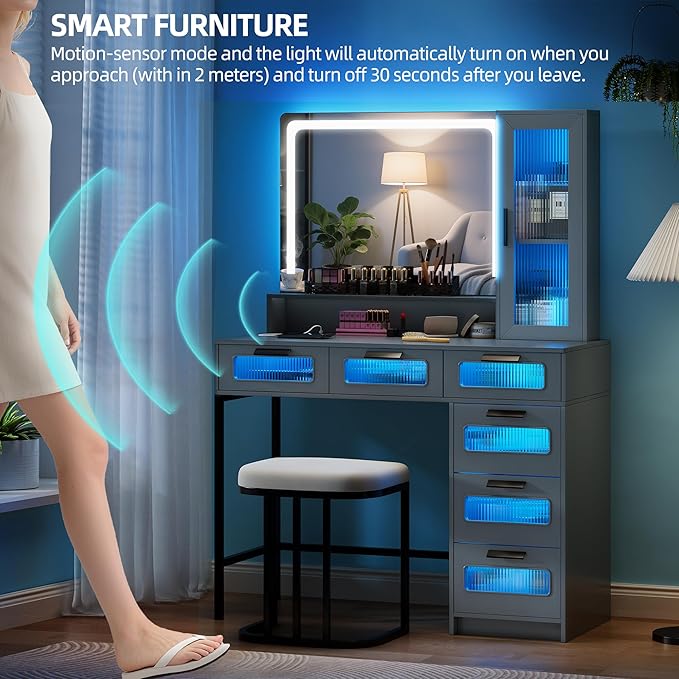 LED Makeup Vanity Desk with 20" Mirror and Light, Smart Dressing Table with 6 Drawers, 3 Shelves, 24 Color Lighting Modes, Cushioned Stool, USB Type-C Storage for Bedroom Dressing Room Gray