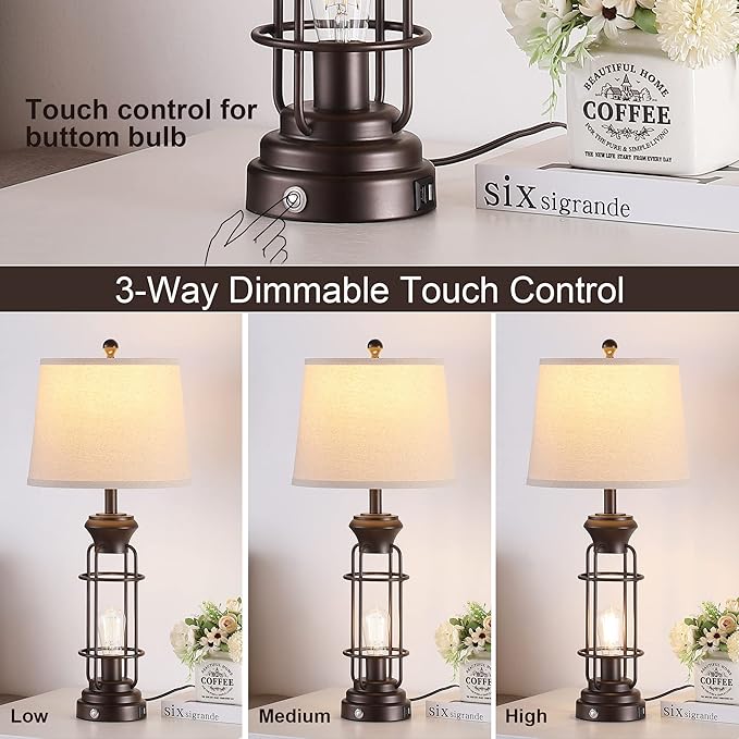 28.5" Farmhouse Lamps for Bedrooms Set of 2, Tall Table Lamps for Living Room with Dual USB Charging Port, Oil Rubbed Bronze Table Lamp with White Oatmeal Shade, Bulbs Included