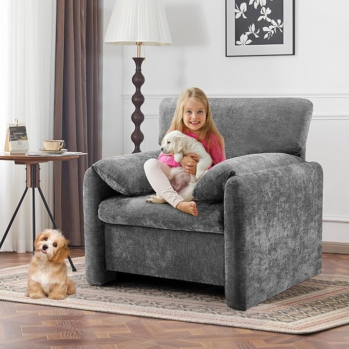 39" Modern Chenille Oversized Armchair, Wide Accent Chair, Mid Century Single Sofa Chairs, Comfy Upholstered Reading Chair for Living Room, Bedroom, and Apartment (Grey)