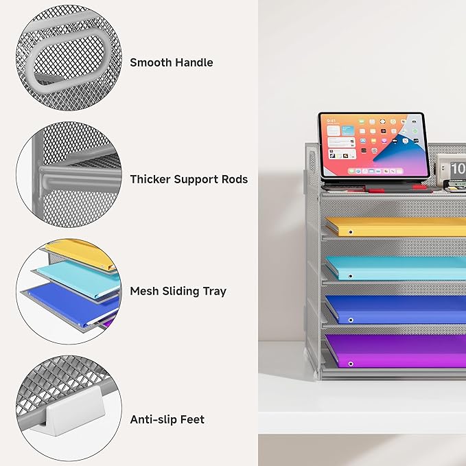 5 Tier Paper Organizer with Handle, Metal Mesh Desk Organizer File Folder Paper Letter Tray Desktop Document Sorter for Classroom, School, Office Accessories Organization and Storage - Silver