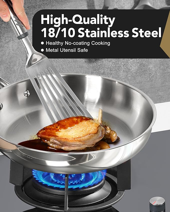 MICHELANGELO Stainless Steel 8 inch Frying Pan, Small Skillet with Triply Base, Stainless Steel Pan with Ergonomic Handle, Induction Compatible