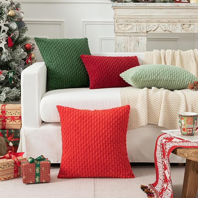 Kevin Textile Lumbar Throw Pillow Covers Ultra Soft Solid Striped Corduroy Rectangle Christmas Pillow Cover for Sofa 12 x 20 inch Burgundy 2 Pieces