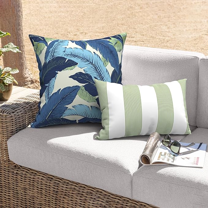 Outdoor Throw Pillows with Inners, All Weather Patio Pillows Set of 2, Square Pillows Decorative for Home Garden Furniture, 20x20 Inch, Swaying Palms Blue