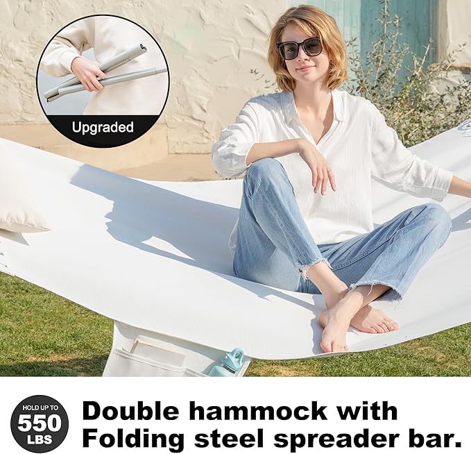 14ft Two Person Outdoor Hammock, Portable Camping with Folding Steel Spreader Bar, Carrying Bag, Carabiners, Tree Straps, Pillow & Sidebag, Quick Dry Textilene, 550 lbs Capacity (Ivory)