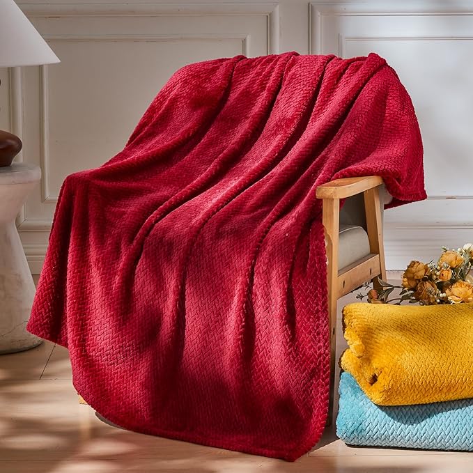 NEWCOSPLAY Super Soft Twin Blanket Red Premium Silky Flannel Fleece Leaves Pattern Lightweight Bed Blanket All Season Use (Red, Twin(60"x80"))