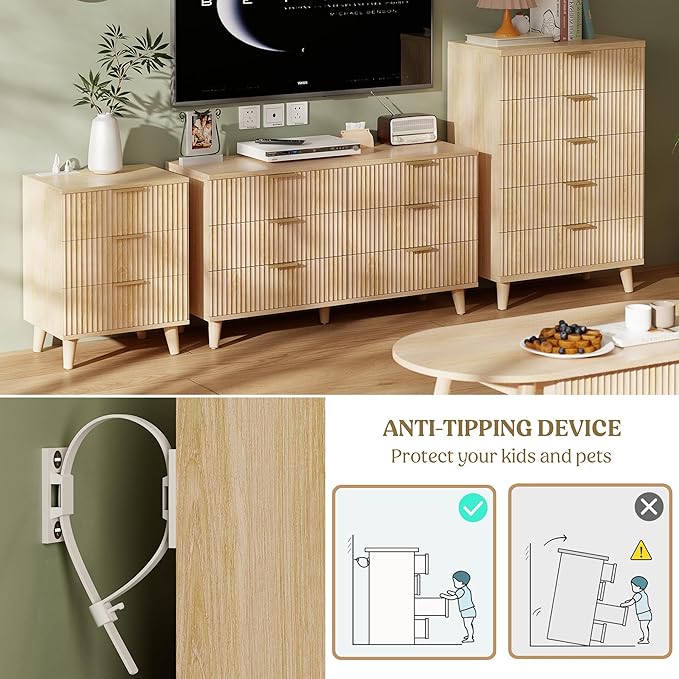 Lulive Wood 3 Drawers Dresser Fluted Night Stand with Charging Station, Storage Nightstand Modern Side Table, Bedside Table for Bedroom, Entryway Natural