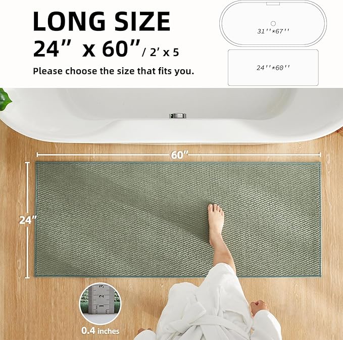 Bathroom Runner Rug, Long Bath Mat Washable Thin Quick Dry Low Pile Bathroom Runner Rugs 24 x 60 Non Slip, Sage Green 24"x60"