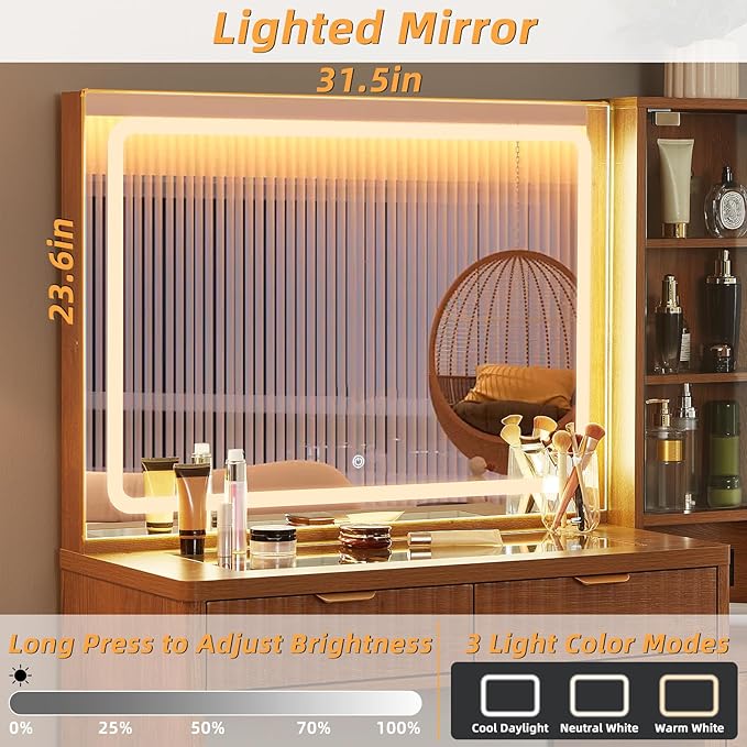 LEYAOYAO Vanity Desk with Mirror and Lights, 43.5'' Fluted Makeup Vanity with 6 Drawers and Adjustable Shelves, Wood TC Make Up Vanity Dressing Table with Glass Top and Power Outlet for Bedroom