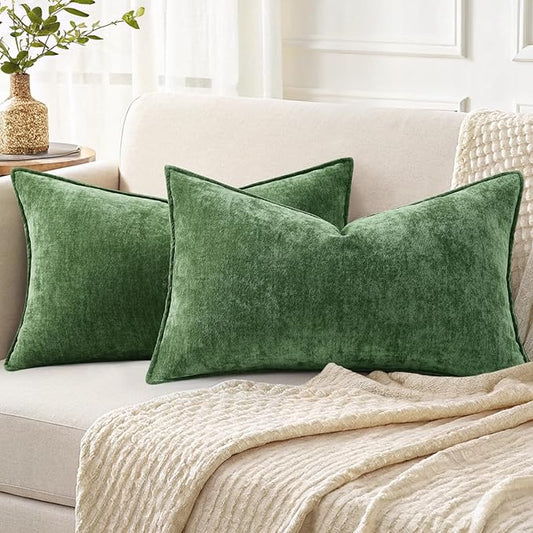 decorUhome Couch Throw Pillow Covers 12x20 Set of 2, Decorative Soft Euro Neutral Chenille Lumbar Pillow Covers with Elegant Design for Sofa Bed Living Room Home Decor, Moss Green