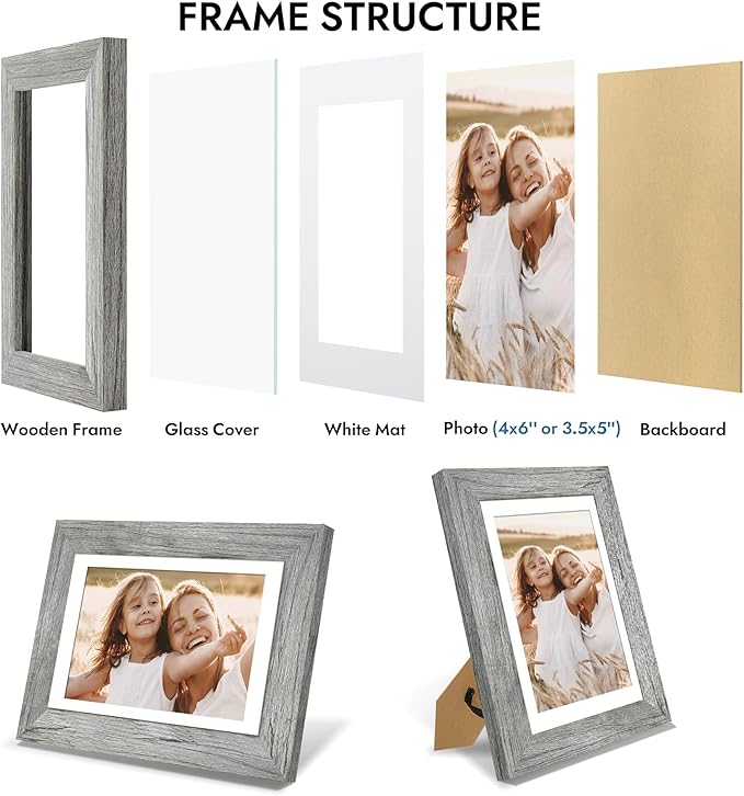 4x6 Picture Frame with Glass, Display Pictures 3.5x5 with Mat or 4 x 6 without Mat - Wall and Tabletop, 4 by 6 Photo Wooden Frames (Grey, 1 Pack)