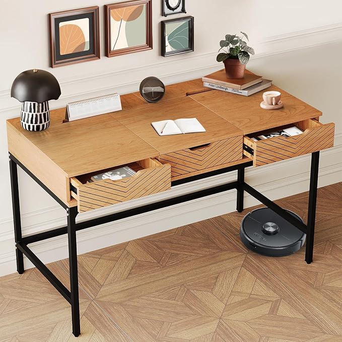 TEKAMON 47" Makeup Vanity Desk with Mirror，Girls Vanity Dressing Table for Bedroom, Home Office/Computer Desk with 2 Drawers, Study Desk with Cable Management, Natural Wood