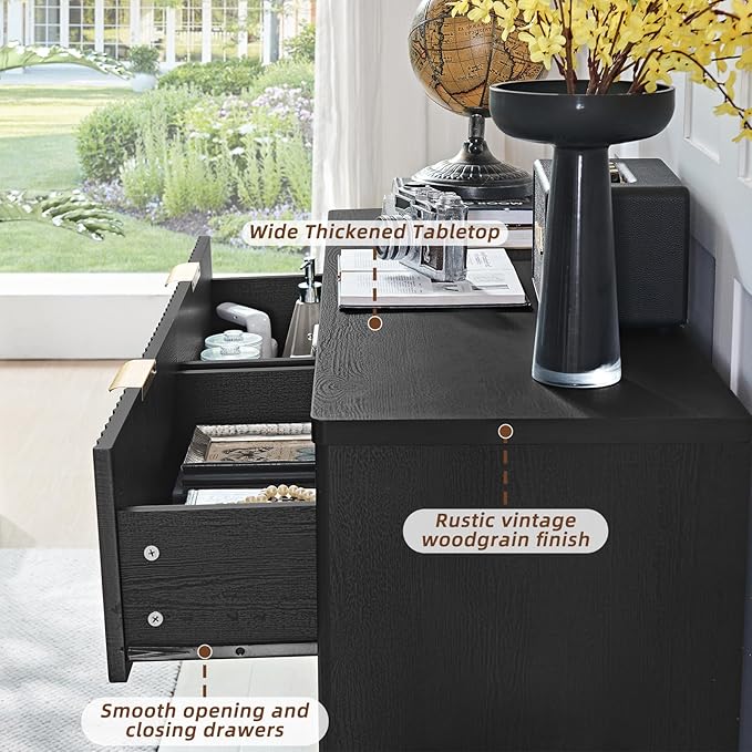 LEYAOYAO Fluted 6 Drawers Dresser for Bedroom, 48" Wide Modern Chest of Drawers with Metal Handle, Black Curved Profile Farmhouse Closet Organizer Wood Dressers TV Stand for Living Room, Hallway