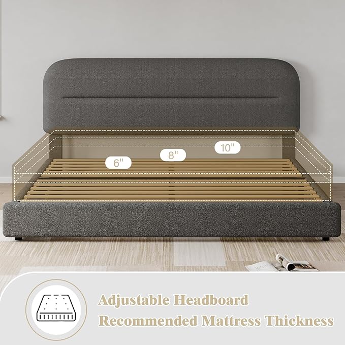 King Size Bed Frame, Boucle Upholstered Bed Frames and Headboard, Soft Bed Frame King with Thickened Footboard, Rounded Corners, No Box Spring Needed, Easy Assembly, Grey