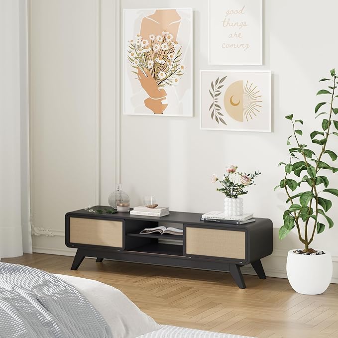 AVZEAR Farmhouse Black TV Stand for TVs up to 65'', Modern Entertainment Center with Storage, TV Cabinet TV Table with Nature Linen Doors, Media Console TV Consoles for Living Room Bedroom (Black)