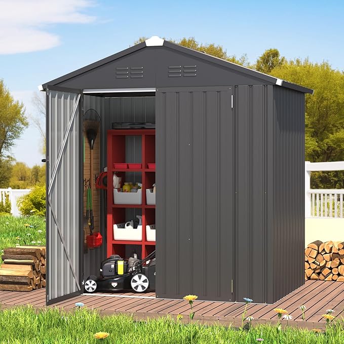 AECOJOY Shed 6' x 4' Storage Shed, Dark Grey Metal Sheds & Outdoor Storage Clearance, Utility and Tool Garden Shed with Lockable Doors for Backyard, Patio, Outside Use