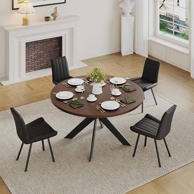 45.3" Walnut Round Dining Table Set with 4 Chairs – Mid-Century Modern Small-Space Kitchen & Dining Room Furniture for Apartment or Breakfast Nook (Walnut – Table + 4 Black Chairs)