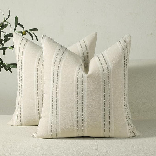 Hckot Throw Pillow Covers 24x24 Set of 2 Striped Pillow Covers Textured Linen Decorative Pillows Square Cushion Covers for Sofa Couch Bed Living Room Farmhouse Decor, Greyish Green