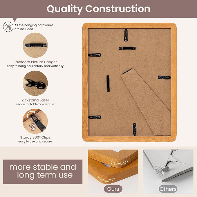 8.5 by 11 Picture Frame - Solid Teak Wood 8.5x11 Fram, 8 1/2 x 11 Diploma Frame With Mat For 6x8, Tabletop and Wall Display, Hanging Hardware Included, Certificate Document Frame, Natural Teak