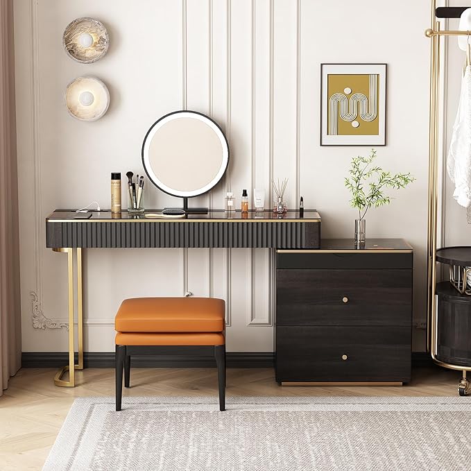Lartis Makeup Vanity with Stool, Very Easy to Assemble,Retractable TV Cabinet Combination, Dressing Table Desk in one, Super Storage