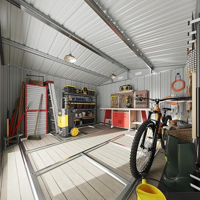 Aoxun 10x10 FT Shed Outdoor Storage Shed with Base, Large Shed Steel Utility Tool Shed Storage House with Door & Lock, Metal Sheds with Sloped Roof for Garden Patio Lawn Poolside, Brown