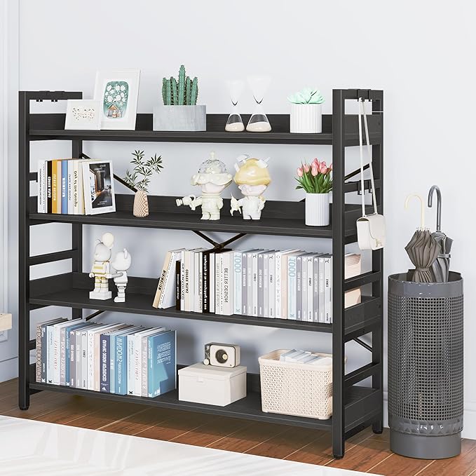 HCHQHS Bookshelf, Adjustable Industrial Bookcase, Vertical Tall Book Shelf, Wood and Black Metal Open Bookshelves for Home Office, Living Room, Bedroom (Black, 4-Tier (47" W x 44" H))