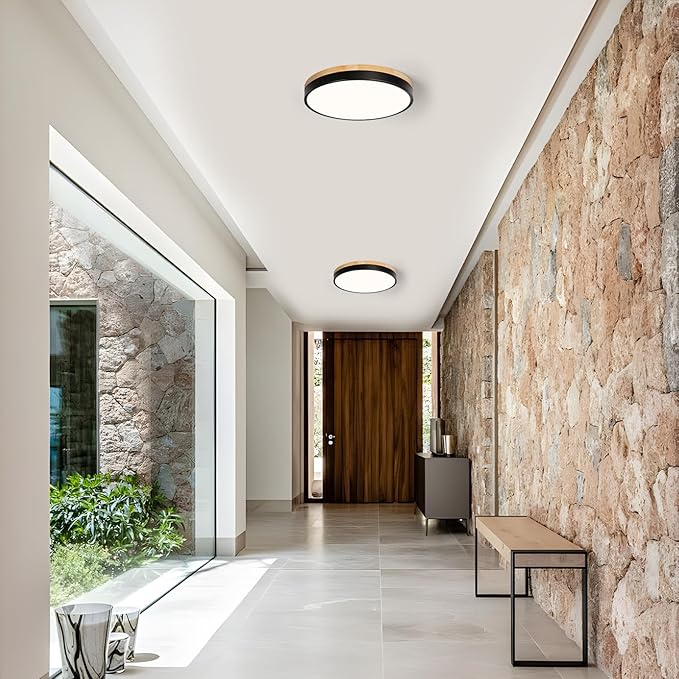 Modern Wood Ceiling Light,Round LED Flush Mount Ceiling Light,Minimalist Ceiling Lamp Black Ceiling Lighting Fixtures for Kitchen Bedroom Laundry Room Living Room Entryway Hallway&11.81 in
