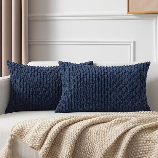 Kevin Textile Set of 2 Pillow Covers Solid Supersoft Corduroy Handmade Decorative Velvet Throw Pillow Cushion Cover for Bed 12x20 Inch Navy Blue